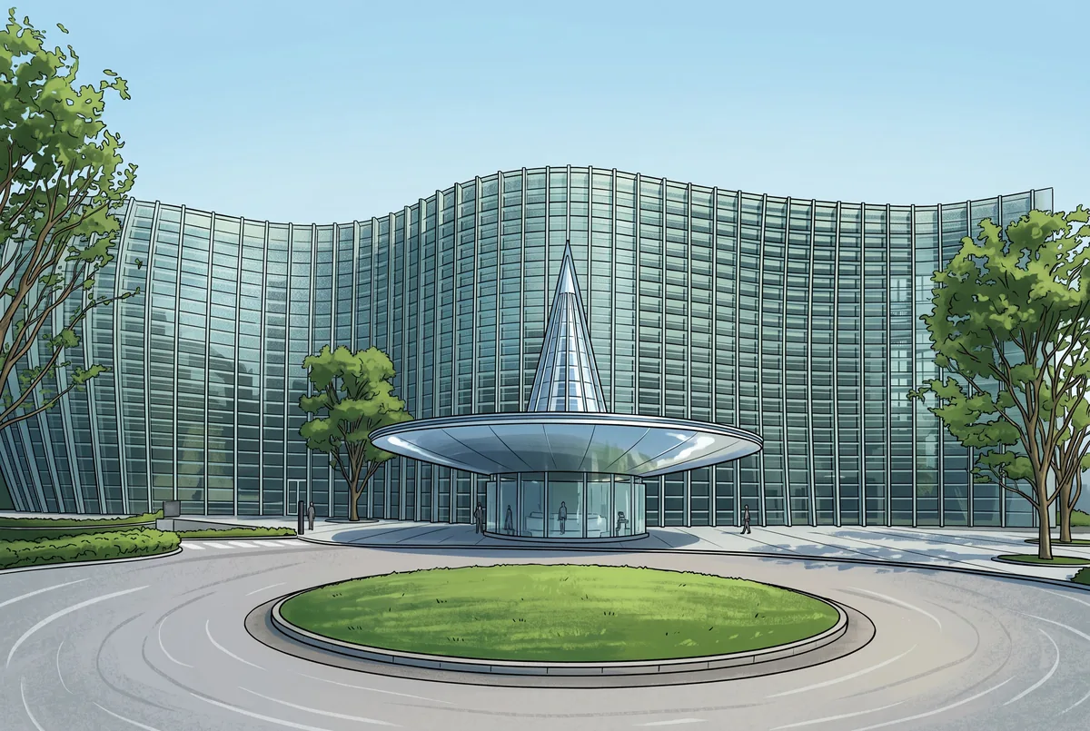 An illustration of the National Art Center, Tokyo — the curved glass museum where the Keiko Ito Mysteries are set.
